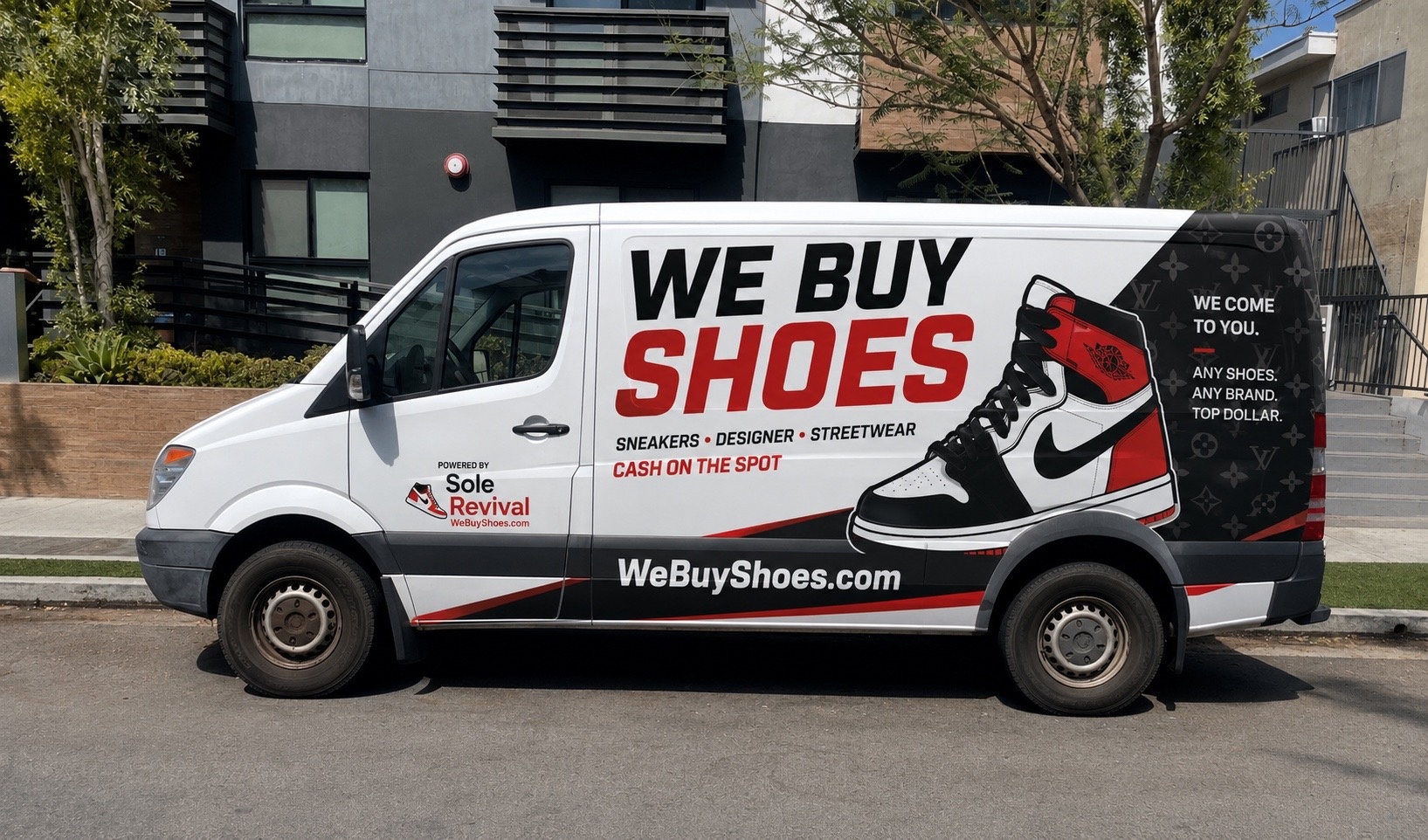 WeBuyShoes wrapped mobile buyout van — Mercedes Sprinter branded with We Buy Shoes wordmark and Air Jordan 1 illustration